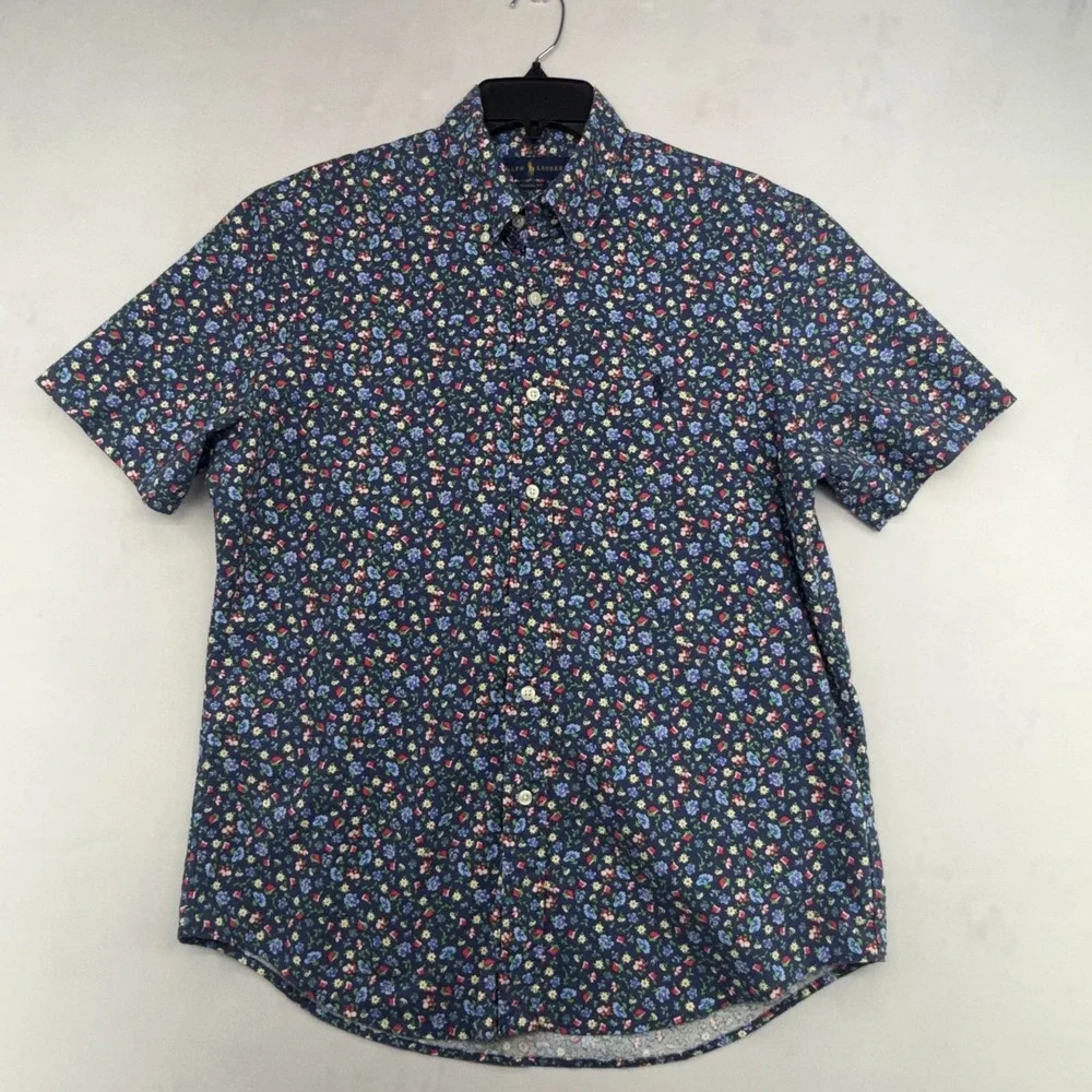 Polo Ralph Lauren Shirt Mens M Navy Floral Classic Fit Short Sleeve Button Up